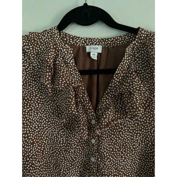 J. Crew Factory SZ XS Brown and White Ruffle Button Up Blouse Preppy Careerwear - Picture 4 of 7